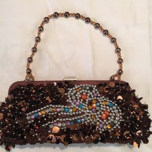 Brown spangle, multi colored rhinestones purse